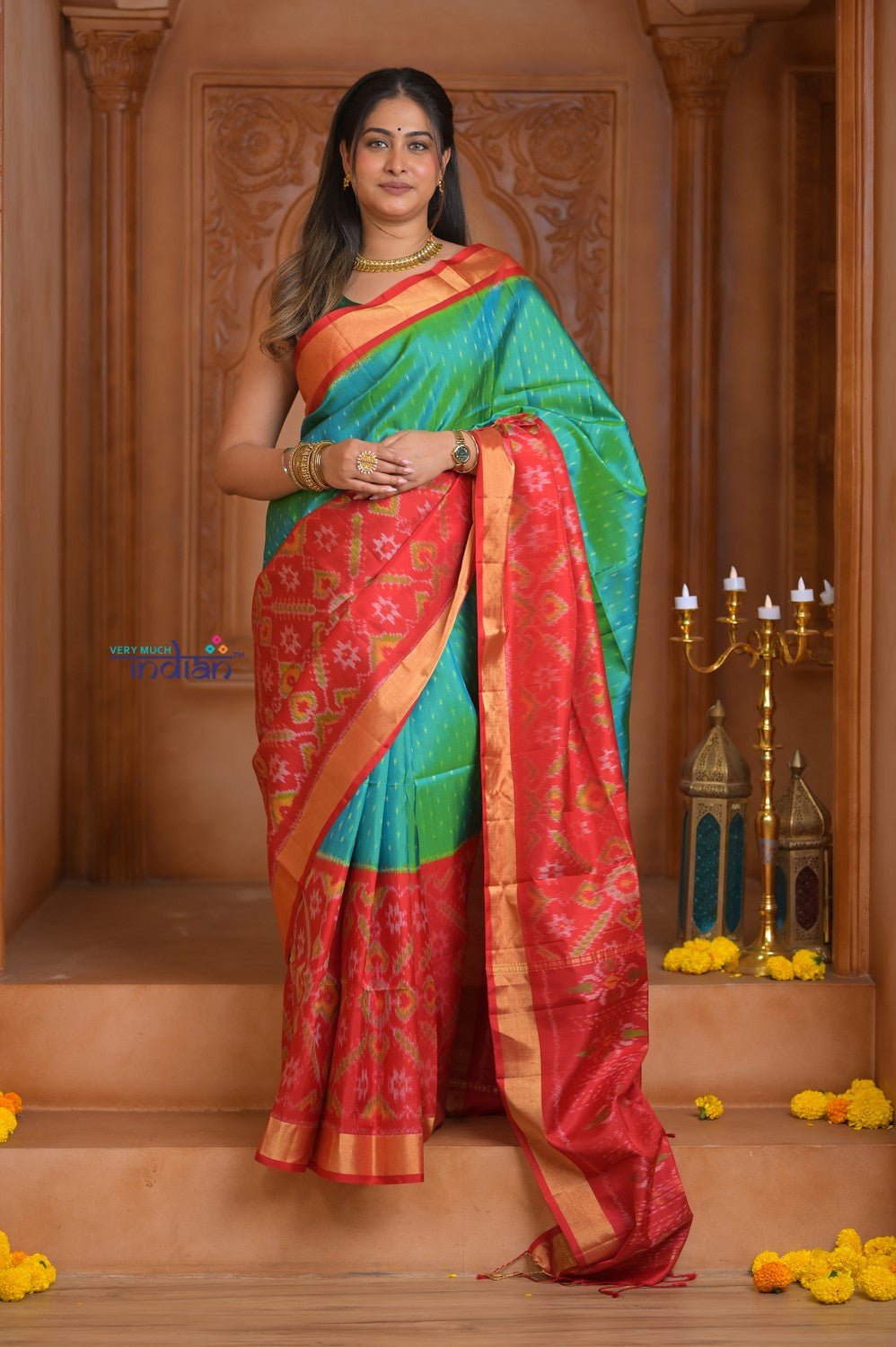 Shubh Lakshmi ~ Handloom Pure Silk Ikkat Patola Saree in Dual Tone Green and Red (Silk Mark Certified) - verymuchindian.com
