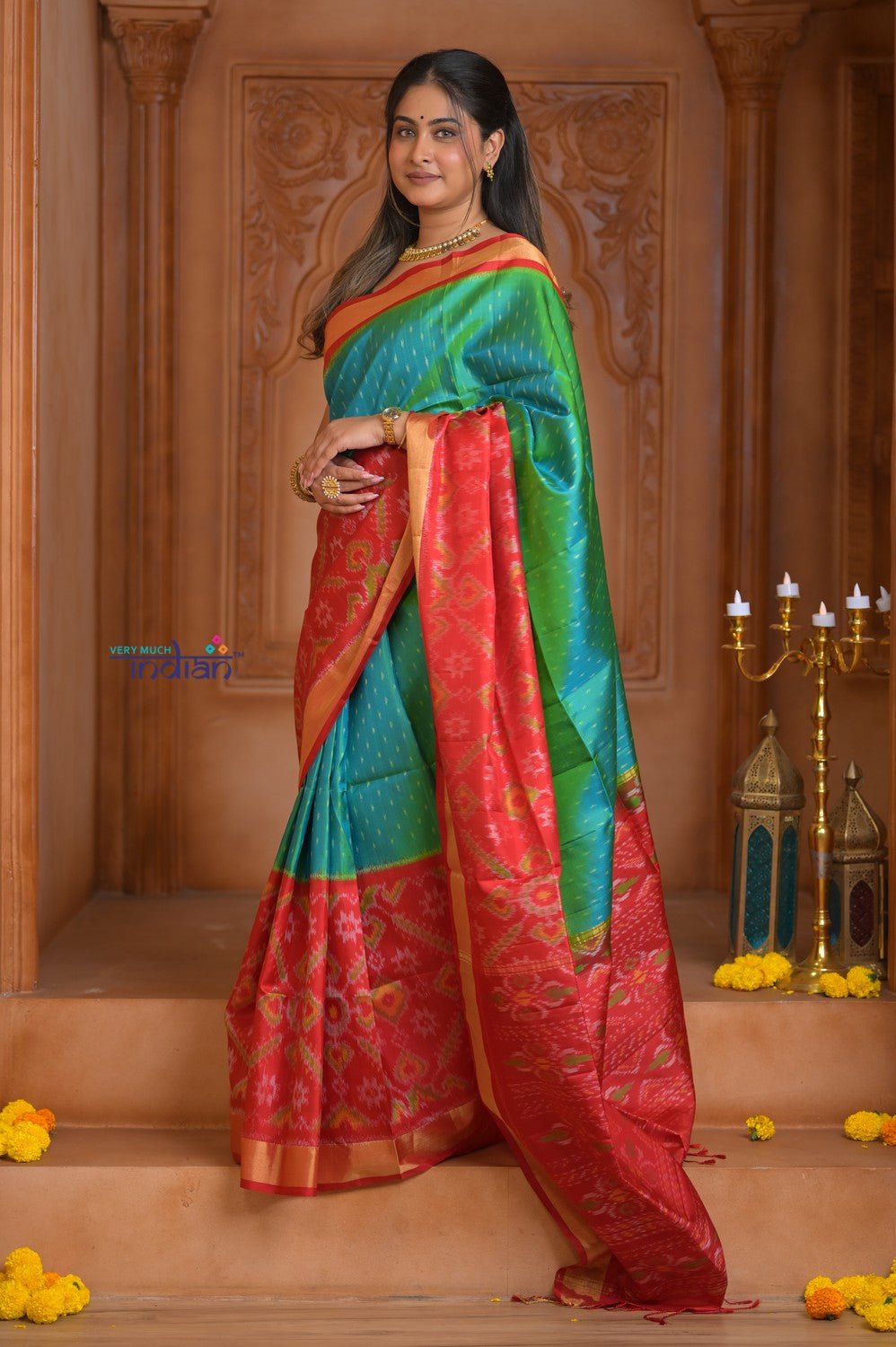 Shubh Lakshmi ~ Handloom Pure Silk Ikkat Patola Saree in Dual Tone Green and Red (Silk Mark Certified) - verymuchindian.com