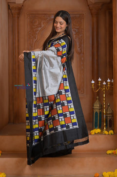 Shubh Lakshmi ~ Handloom Pure Silk Ikkat Patola Saree in Grey and Black (Silk Mark Certified) - verymuchindian.com