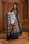 Shubh Lakshmi ~ Handloom Pure Silk Ikkat Patola Saree in Grey and Black (Silk Mark Certified) - verymuchindian.com
