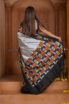 Shubh Lakshmi ~ Handloom Pure Silk Ikkat Patola Saree in Grey and Black (Silk Mark Certified) - verymuchindian.com
