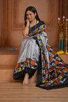 Shubh Lakshmi ~ Handloom Pure Silk Ikkat Patola Saree in Grey and Black (Silk Mark Certified) - verymuchindian.com