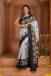 Shubh Lakshmi ~ Handloom Pure Silk Ikkat Patola Saree in Grey and Black (Silk Mark Certified) - verymuchindian.com