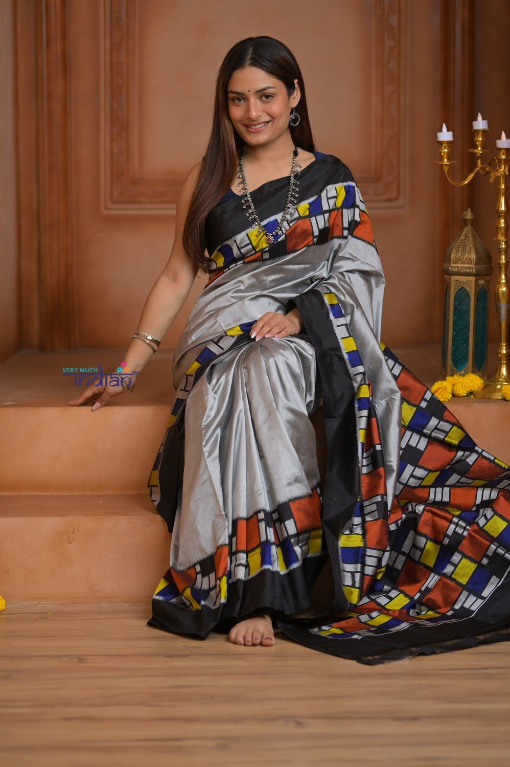 Shubh Lakshmi ~ Handloom Pure Silk Ikkat Patola Saree in Grey and Black (Silk Mark Certified) - verymuchindian.com