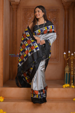 Shubh Lakshmi ~ Handloom Pure Silk Ikkat Patola Saree in Grey and Black (Silk Mark Certified) - verymuchindian.com