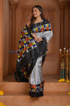 Shubh Lakshmi ~ Handloom Pure Silk Ikkat Patola Saree in Grey and Black (Silk Mark Certified) - verymuchindian.com