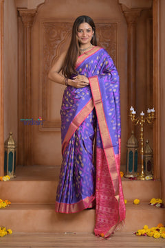 Shubh Lakshmi ~ Handloom Pure Silk Ikkat Patola Saree in Marine Blue and Pink (Silk Mark Certified) - verymuchindian.com