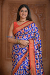 Shubh Lakshmi ~ Handloom Pure Silk Ikkat Patola Saree in Marine Blue and Red (Silk Mark Certified) - verymuchindian.com