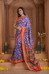 Shubh Lakshmi ~ Handloom Pure Silk Ikkat Patola Saree in Marine Blue and Red (Silk Mark Certified) - verymuchindian.com