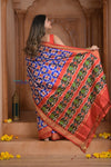 Shubh Lakshmi ~ Handloom Pure Silk Ikkat Patola Saree in Marine Blue and Red (Silk Mark Certified) - verymuchindian.com