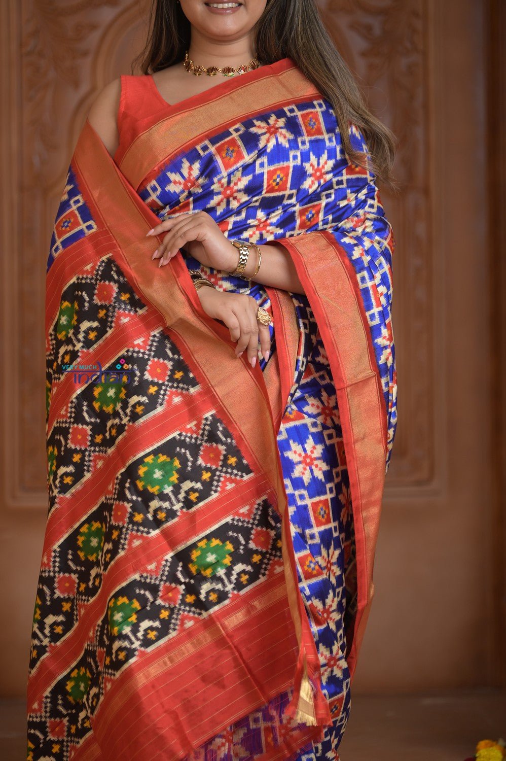 Shubh Lakshmi ~ Handloom Pure Silk Ikkat Patola Saree in Marine Blue and Red (Silk Mark Certified) - verymuchindian.com