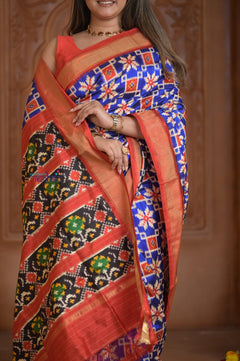 Shubh Lakshmi ~ Handloom Pure Silk Ikkat Patola Saree in Marine Blue and Red (Silk Mark Certified) - verymuchindian.com