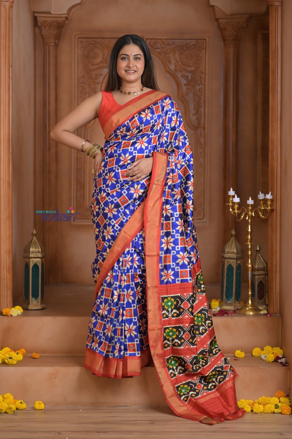 Shubh Lakshmi ~ Handloom Pure Silk Ikkat Patola Saree in Marine Blue and Red (Silk Mark Certified) - verymuchindian.com