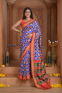 Shubh Lakshmi ~ Handloom Pure Silk Ikkat Patola Saree in Marine Blue and Red (Silk Mark Certified) - verymuchindian.com