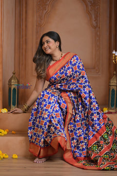 Shubh Lakshmi ~ Handloom Pure Silk Ikkat Patola Saree in Marine Blue and Red (Silk Mark Certified) - verymuchindian.com