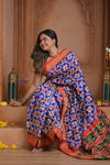 Shubh Lakshmi ~ Handloom Pure Silk Ikkat Patola Saree in Marine Blue and Red (Silk Mark Certified) - verymuchindian.com