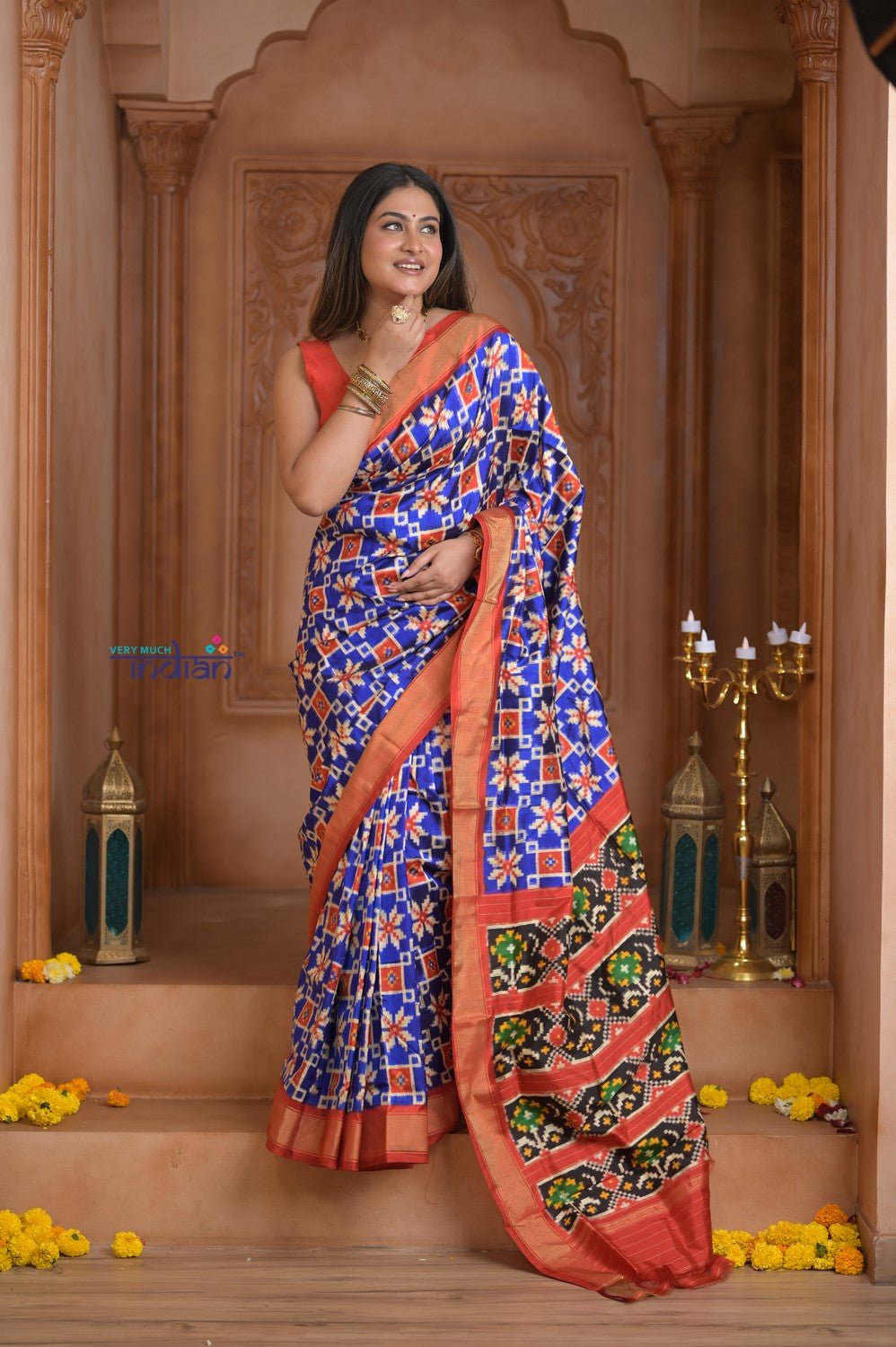 Shubh Lakshmi ~ Handloom Pure Silk Ikkat Patola Saree in Marine Blue and Red (Silk Mark Certified) - verymuchindian.com