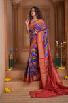 Shubh Lakshmi ~ Handloom Pure Silk Ikkat Patola Saree in Ocean Blue and Roughe Red (Silk Mark Certified) - verymuchindian.com