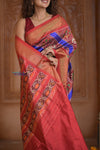 Shubh Lakshmi ~ Handloom Pure Silk Ikkat Patola Saree in Ocean Blue and Roughe Red (Silk Mark Certified) - verymuchindian.com