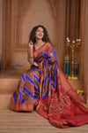 Shubh Lakshmi ~ Handloom Pure Silk Ikkat Patola Saree in Ocean Blue and Roughe Red (Silk Mark Certified) - verymuchindian.com