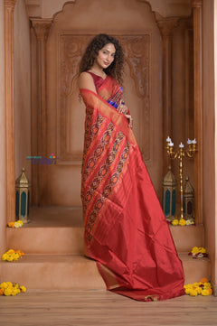 Shubh Lakshmi ~ Handloom Pure Silk Ikkat Patola Saree in Ocean Blue and Roughe Red (Silk Mark Certified) - verymuchindian.com