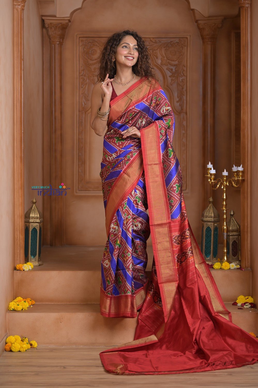Shubh Lakshmi ~ Handloom Pure Silk Ikkat Patola Saree in Ocean Blue and Roughe Red (Silk Mark Certified) - verymuchindian.com