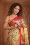 Shubh Lakshmi ~ Handloom Pure Silk Ikkat Patola Saree in Off White and Red (Silk Mark Certified) - verymuchindian.com