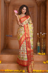 Shubh Lakshmi ~ Handloom Pure Silk Ikkat Patola Saree in Off White and Red (Silk Mark Certified) - verymuchindian.com