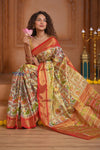 Shubh Lakshmi ~ Handloom Pure Silk Ikkat Patola Saree in Off White and Red (Silk Mark Certified) - verymuchindian.com