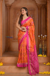 Shubh Lakshmi ~ Handloom Pure Silk Ikkat Patola Saree in Orange and Pink (Silk Mark Certified) - verymuchindian.com