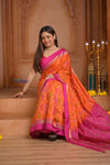 Shubh Lakshmi ~ Handloom Pure Silk Ikkat Patola Saree in Orange and Pink (Silk Mark Certified) - verymuchindian.com