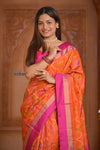 Shubh Lakshmi ~ Handloom Pure Silk Ikkat Patola Saree in Orange and Pink (Silk Mark Certified) - verymuchindian.com