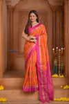 Shubh Lakshmi ~ Handloom Pure Silk Ikkat Patola Saree in Orange and Pink (Silk Mark Certified) - verymuchindian.com