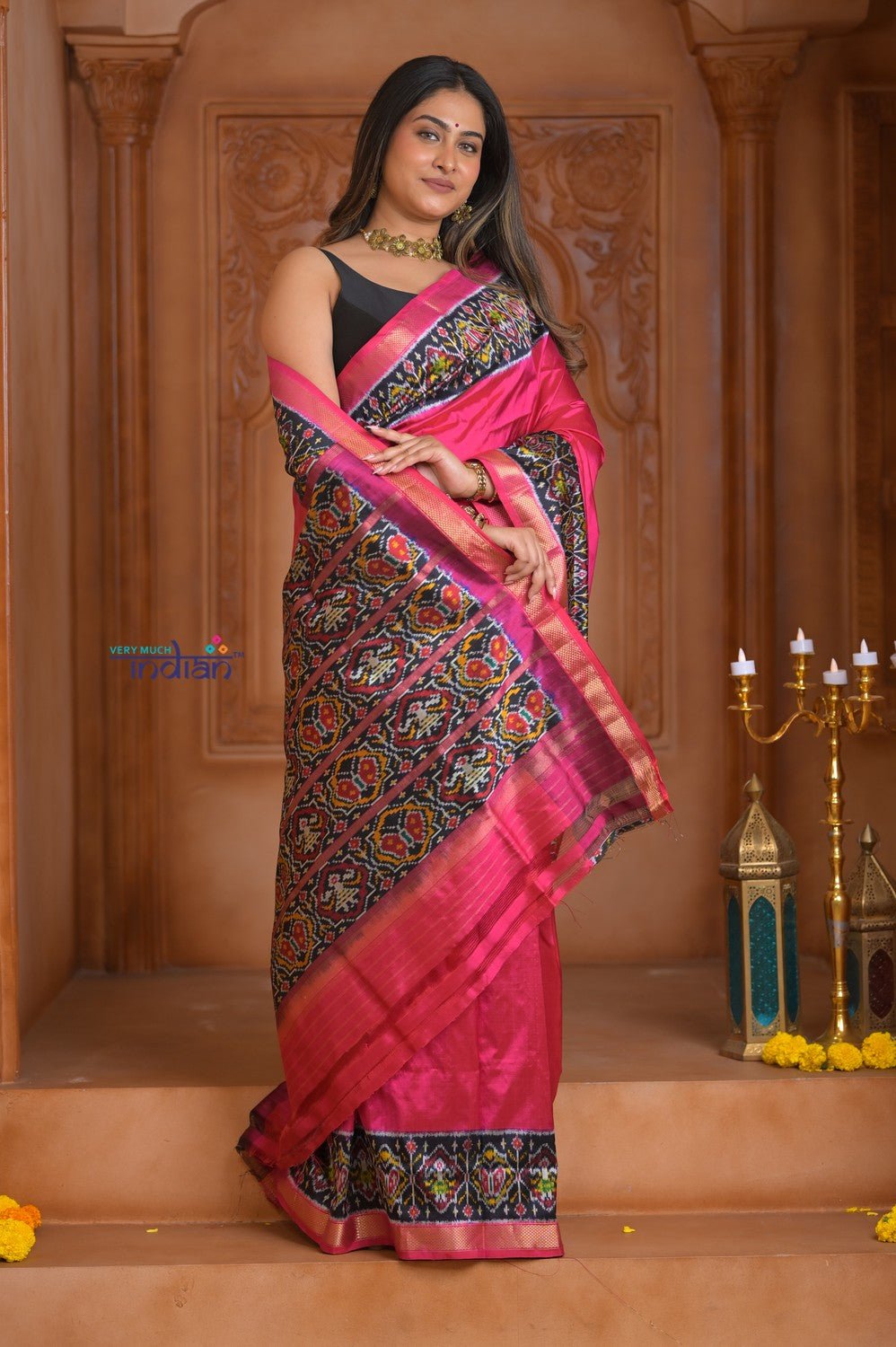 Shubh Lakshmi ~ Handloom Pure Silk Ikkat Patola Saree in Pink and Blue (Silk Mark Certified) - verymuchindian.com