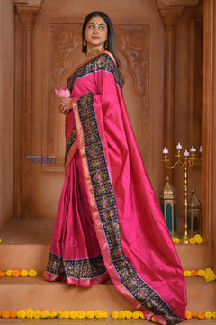 Shubh Lakshmi ~ Handloom Pure Silk Ikkat Patola Saree in Pink and Blue (Silk Mark Certified) - verymuchindian.com