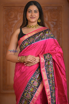 Shubh Lakshmi ~ Handloom Pure Silk Ikkat Patola Saree in Pink and Blue (Silk Mark Certified) - verymuchindian.com