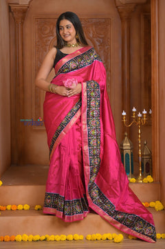 Shubh Lakshmi ~ Handloom Pure Silk Ikkat Patola Saree in Pink and Blue (Silk Mark Certified) - verymuchindian.com