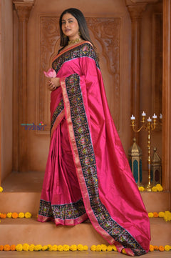 Shubh Lakshmi ~ Handloom Pure Silk Ikkat Patola Saree in Pink and Blue (Silk Mark Certified) - verymuchindian.com