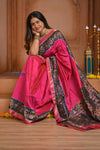 Shubh Lakshmi ~ Handloom Pure Silk Ikkat Patola Saree in Pink and Blue (Silk Mark Certified) - verymuchindian.com