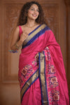 Shubh Lakshmi ~ Handloom Pure Silk Ikkat Patola Saree in Pink and Dark Blue (Silk Mark Certified) - verymuchindian.com