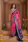 Shubh Lakshmi ~ Handloom Pure Silk Ikkat Patola Saree in Pink and Dark Blue (Silk Mark Certified) - verymuchindian.com