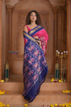 Shubh Lakshmi ~ Handloom Pure Silk Ikkat Patola Saree in Pink and Dark Blue (Silk Mark Certified) - verymuchindian.com