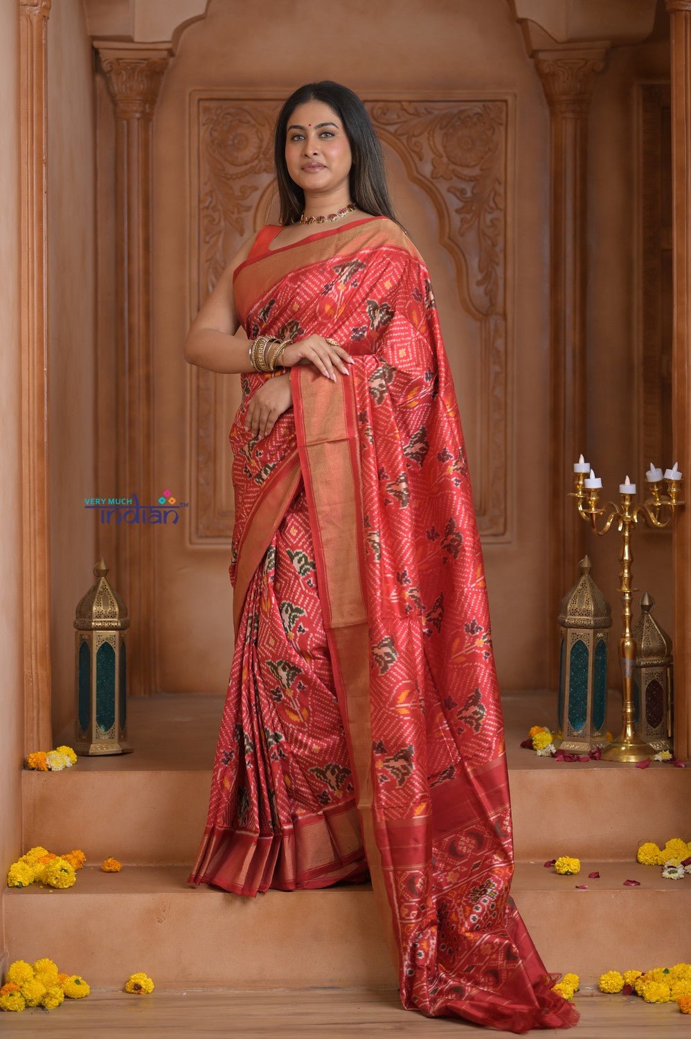 Shubh Lakshmi ~ Handloom Pure Silk Ikkat Patola Saree in Roughe Red (Silk Mark Certified) - verymuchindian.com