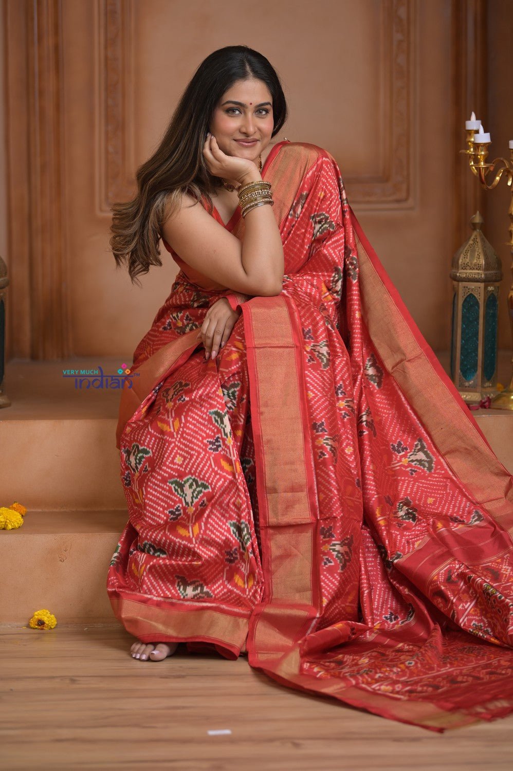 Shubh Lakshmi ~ Handloom Pure Silk Ikkat Patola Saree in Roughe Red (Silk Mark Certified) - verymuchindian.com