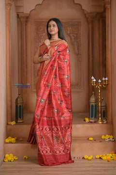 Shubh Lakshmi ~ Handloom Pure Silk Ikkat Patola Saree in Roughe Red (Silk Mark Certified) - verymuchindian.com