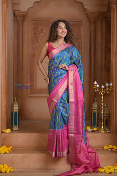 Shubh Lakshmi ~ Handloom Pure Silk Ikkat Patola Saree in Sky Blue and Pink (Silk Mark Certified) - verymuchindian.com