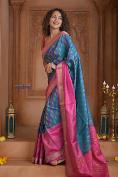 Shubh Lakshmi ~ Handloom Pure Silk Ikkat Patola Saree in Sky Blue and Pink (Silk Mark Certified) - verymuchindian.com