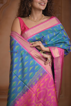 Shubh Lakshmi ~ Handloom Pure Silk Ikkat Patola Saree in Sky Blue and Pink (Silk Mark Certified) - verymuchindian.com