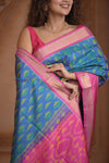 Shubh Lakshmi ~ Handloom Pure Silk Ikkat Patola Saree in Sky Blue and Pink (Silk Mark Certified) - verymuchindian.com