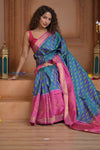 Shubh Lakshmi ~ Handloom Pure Silk Ikkat Patola Saree in Sky Blue and Pink (Silk Mark Certified) - verymuchindian.com